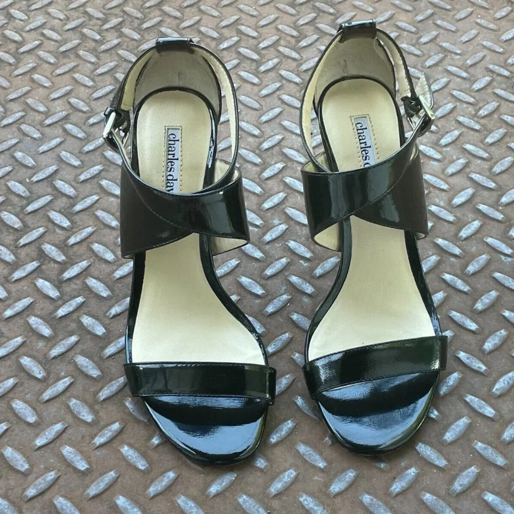 Charles David Women Heel Black Patent Leather Upper Sandal Strappy Shoes Size 7 - Picture 8 of 9